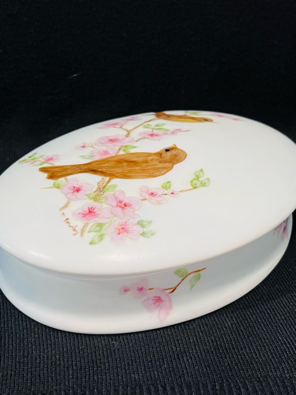 Vintage Porcelain Oval Trinket Box with Hand-Painted Bird & Pink Blossoms Signed